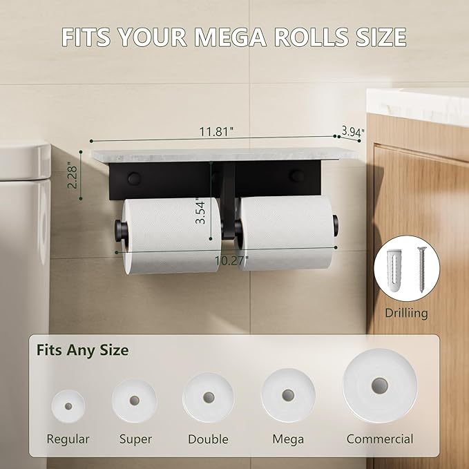 Marble Toilet Paper Holder with Shelf,Doulble Bathroom Tissue Roll Holder,304 Stainless Steel Toilet Paper Holder Wall Mounted,Modern Tissue Holder for Bathroom Washroom,Matte Black