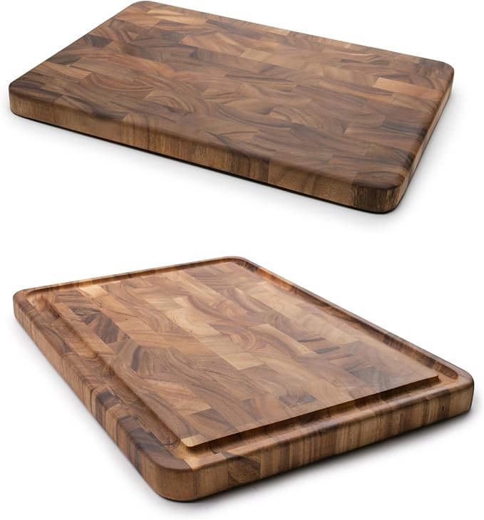 Ironwood Gourmet Acacia Wood Cutting Board With & Without Juice Channel Set | Large Knife Friendly End Grain Cutting Boards | Prep, Chop, Carve & Serve | Ample Cutting Space | Beautiful Acacia Wood