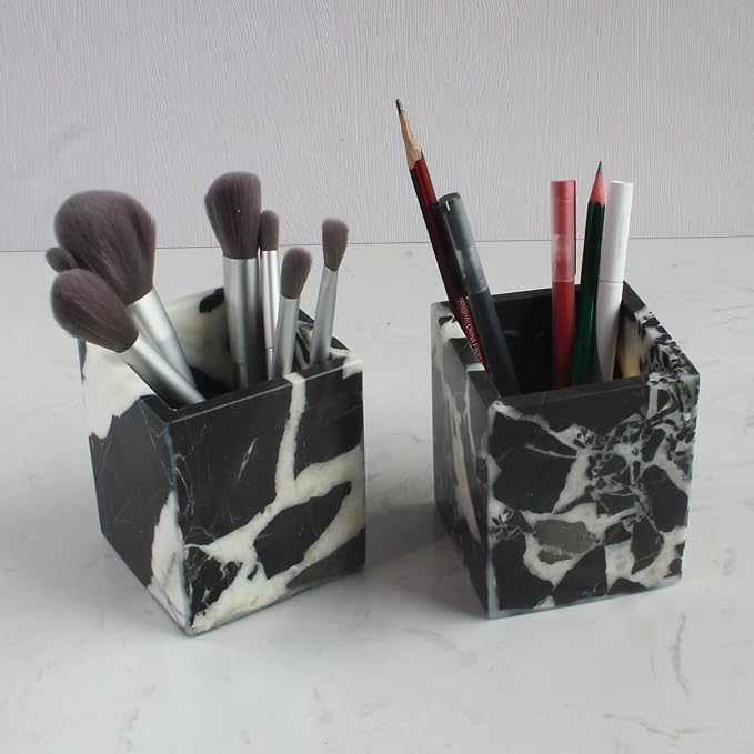 Natural Calacatta Viola Black Marble Square Storage Container for Toothbrush/Makeup Brush/Pens, Countertop Organizer Bathroom