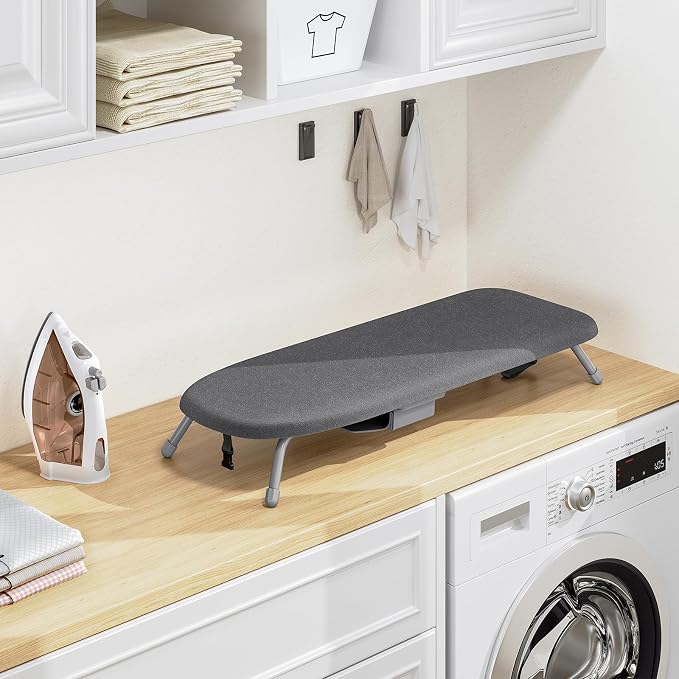 Kingboard Tabletop Ironing Board with Iron Holder, Small Iron Board with Heat Resistant Cover, Portable Mini Ironing Board with Non-Slip Feet for Home Travel, 12 * 32 Black