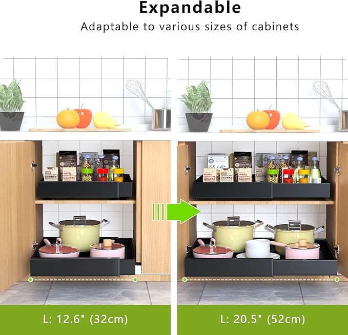 Mlinavn 2 Pack Pull Out Cabinet Organizer,21" Deep Slide Out Drawer Organizers,No Drill Pull Out Drawers Adhesive with Nano Compatible Framed Cabinets Shelves for Kitchen Pantry Adjustable Width