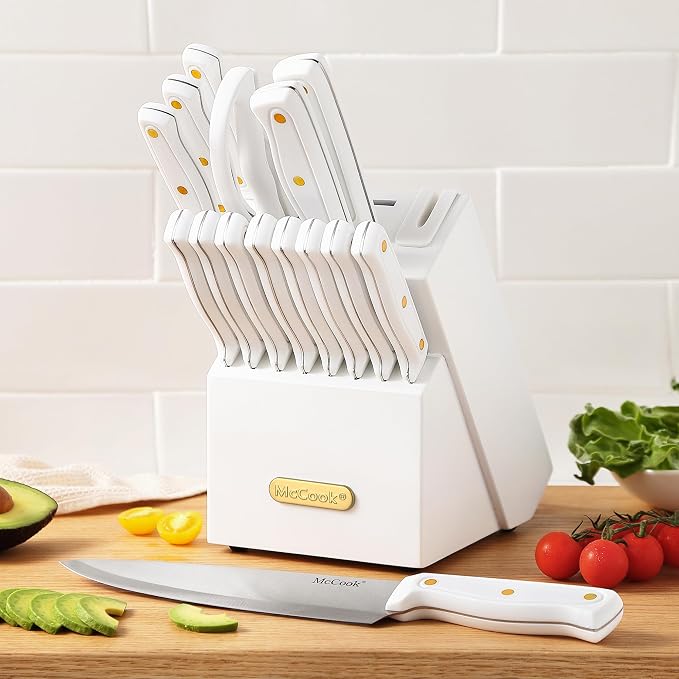 McCook Knife Set White Kitchen Knife Block Set w Built-in Sharpener | German Forged Stainless Steel,26 PC,Razor Sharp,Anti-Rust,Restaurant Grade,Ergonomic Handles,Full Tang,Gift Box