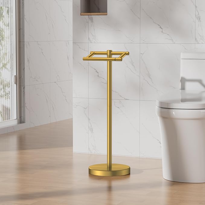 FORIOUS Toilet Paper Holder Wall Mount, Stainless Steel Rustproof Double Post Pivoting Tissue Roll Holder for Bathroom, Commercial Toilet Paper Dispenser Toilet Paper Stand, Brushed Gold