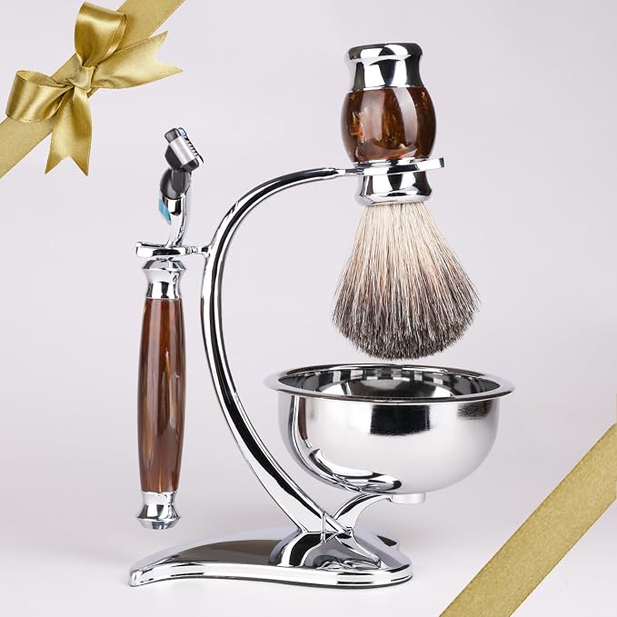 Luxury Shaving Kit for Men,Includes Badger Hair Brush,Wet Shave Soap Bowl and Safety Razor Compatible with 5-Layer Blade,Barber Style 4-Piece Gift for Men-Smooth and Close Shaving