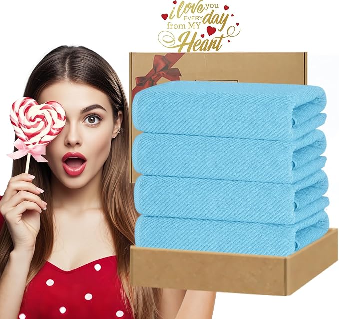 VOOVA & MOVAS Bath Towels 4PC, 100% Cotton, 30x56 in, Ocean Blue | Quick Dry, Thick, Soft, Absorbency, Bathroom Essentials, Suitable For Household Bathroom, Spa, Guest Room