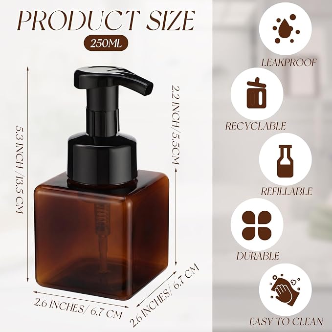Domensi Foaming Soap Dispenser 8.5 oz Foam Pump Bottle Bulk Empty Travel Foaming Dispenser Refillable Hand Soap Plastic Pump Bottle Travel Clear Container for Bathroom Vanities(12 Pcs,Brown)