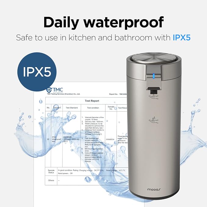 mooas Automatic Liquid Soap Dispenser Stainless Steel, Rechargeable | 2-Level Adjustable, IPX5 Waterproof, USB-C Charging, 17oz Capacity, Liquid Soap, Automatic Cleaning, Kitchen, Bathroom