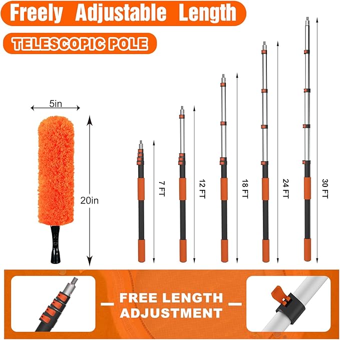 SISUPASSIE 36FT Reach High Ceiling Duster Kit, Window Cleaning kit with 7-30FT Extension Pole, Fan Duster for Ceiling Fan Blades, Microfiber Feather Duster, Window Squeegee, Bucket and Cobweb Duster