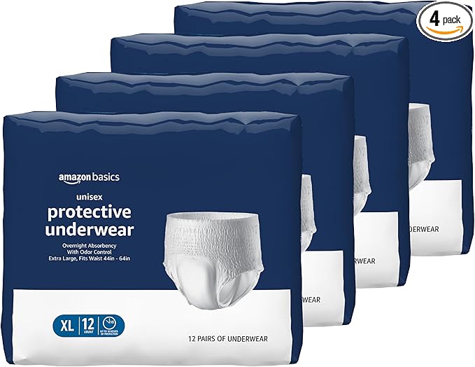 Amazon Basics Unisex Protective Underwear, Overnight Absorbency with Odor Protection, Soft, Extra Large, 48 Count (4 Packs of 12)