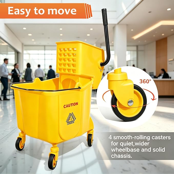 35 Qt Commercial Mop Bucket with Side-Press Wringer Combo on Wheels | Including Janitor Industrial Mop Bucket,Commercial Mops and Wet Floor Caution Sign,Yellow, VOUBIEN