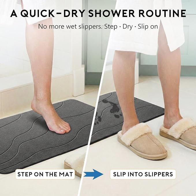 Stone Bath Mat, Quick-Dry Diatomaceous Earth Shower Mat, Absorbent Bathroom Mat for Shower/Tub Exit, New Apartment Essential & Housewarming Gift, 23.5" x 15.5" Dark Gray Wave