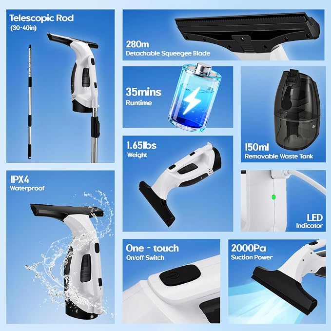 Cordless Window Vacuum Squeegee, 1.8-2 KPA Electric Window Vacuum Cleaner Tool with 0.8-1M Extendable Pole, Silicone Cleaning Scraper, 150ML Water Tank, 2200mAh IPX4, for Shower Glass, Car, Kitchen