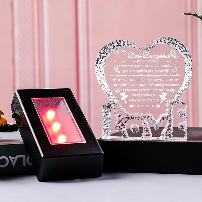 YWHL Daughter Gifts from Mom Dad with Colorful Light Base Birthday Gifts for Daughter Adult Crystal Heart Keepsake Meaningful Present for Daughters on Christmas Valentines Graduation
