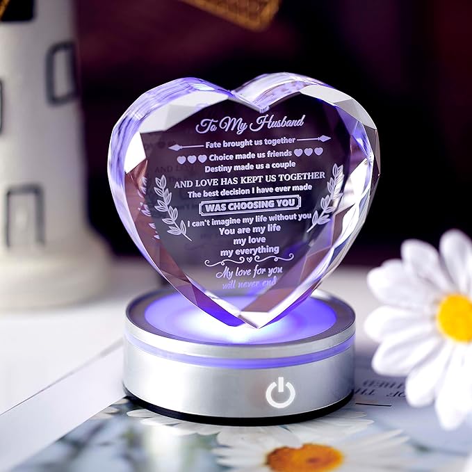 Gifts for Husband Crystal with Colorful LED Base, Cool Anniversary Birthday Gifts for Men, Husband Birthday Gifts from Wife, Crystal Keepsakes Romantic Gifts for Wedding Valentine's Day