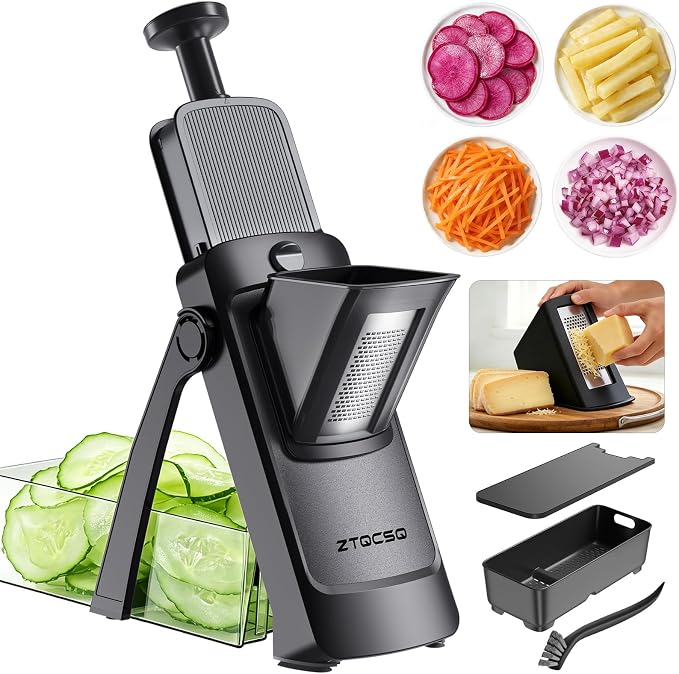 Vegetable Slicer for Kitchen, Safe Mandoline Slicer, Adjustable Veggie Potato French Fry Cutter, Wider Tray & Stainless Steel Grater & Filter Basket & Lid & Cleaning Brush (Black Pro)