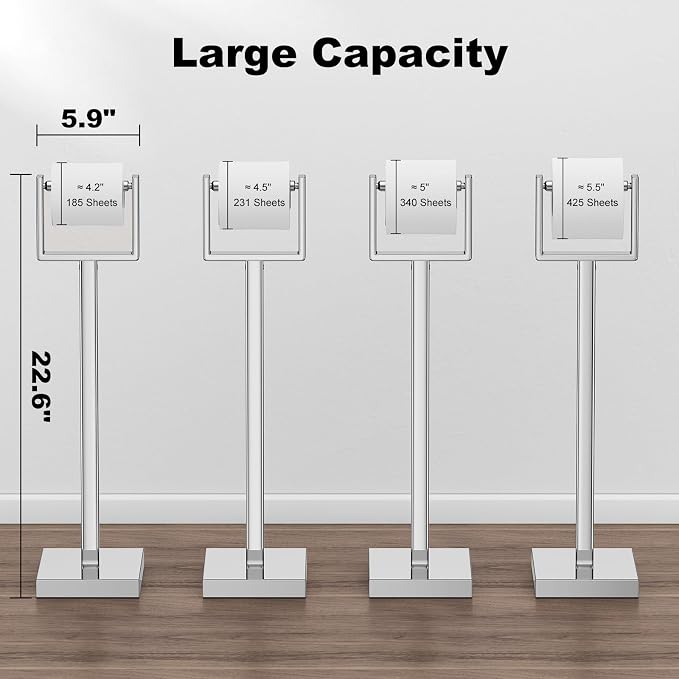 Silver Toilet Paper Holder Stand，Stainless Steel Toilet Paper Holder Free Standing，Stable Weighted Base Floor Tissue Roll Holder for Bathroom，Modern Pivoting Toilet Paper Stand