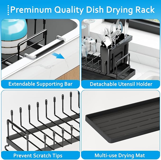 ANTOPY Sink Dish Drying Rack - Expandable Small Dish Rack Over Sinks with Silicone Drying Tray, Dish Drainer for Kitchen Counter with Cutlery Holder, Drying Rack Fit for 14’’-19’’ Kitchen Sink