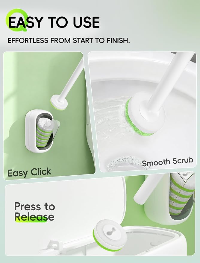 Wall Mounted Disposable Toilet Brush System with Holder, Toilet Bowl Cleaning Wand with Green Refills and One-Button Release, 2 Wands and Holders with 60 Green Refills