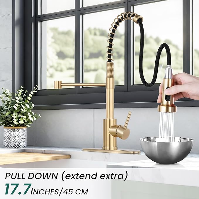 Kitchen Faucet with Pull Down Sprayer, Brushed Gold | 2-mode sprayer, 360° high arc spout, 304 SS build, drip-free valve, fingerprint-resistant, DIY install, NSF certified
