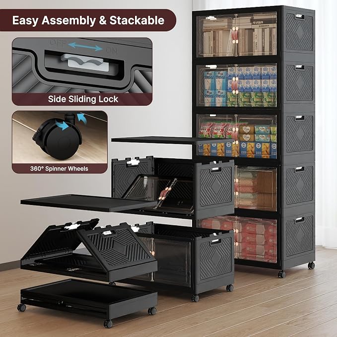 Stackable Storage Bins, 560QT Collapsible Drawers with 1 Lid | Large Capacity, Magnetic Door, Stack Lock, Rolling Wheels, Foldable Design, Organizers and Storage for Bedroom Dorm Garage