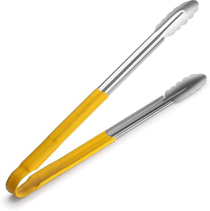 New Star Foodservice 16 Inch Utility Spring Tongs, Set of 12, Commercial Restaurant Grade Stainless Steel Tongs with Yellow Vinyl Coated Handles