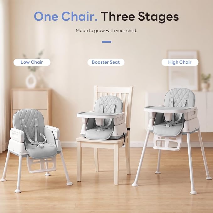 Baby High Chair, 3-in-1 Convertible High Chair for Babies and Toddlers, Built-in Leg Storage, Compact Pack-Away Design, Feeding Chair with Removable Tray, Silla De Comer para Bebe,Gray