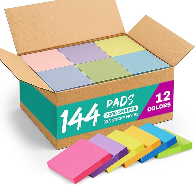 Sticky Notes, 144 Pads, 3x3 Inches Self-Stick Note Pads, Perfect for Office, Study, and Daily Life Organization - Bright