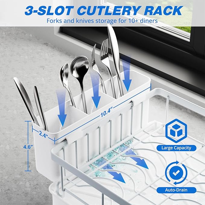 Godboat 2-Tier Dish Drying Rack - Dish Rack with Auto Drain-to-Sink & Mat | Dish Racks for Kitchen Counter, Dish Drainer with Knife Fork & Cup Rack, Gifts for Women, Mothers Day, Kitchen Gadgets, White
