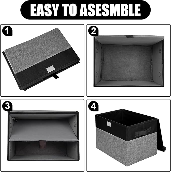 Bagnizer Large 22 Quart Linen Fabric Foldable Storage Bin Cube Organizer Basket with Flip-Top Lid & Handles, Clothes Blanket Box for Home, Office, Closet, Black & Gray, 4 Pack 14.6 x 9.5 x 9.5