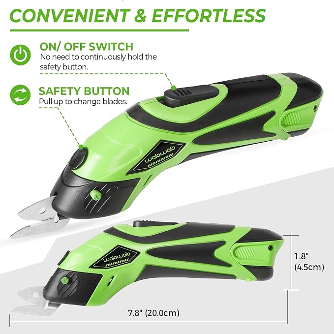 walowalo Electric Fabric Scissors Box Cutter 2 Rechargeable Batteries 2 PCS Blades for Crafts Sewing Cardboard Scrapbooking Leather 4V Li-Ion Power Cordless Shears Cutting (Fast Charge) + Tool Kit