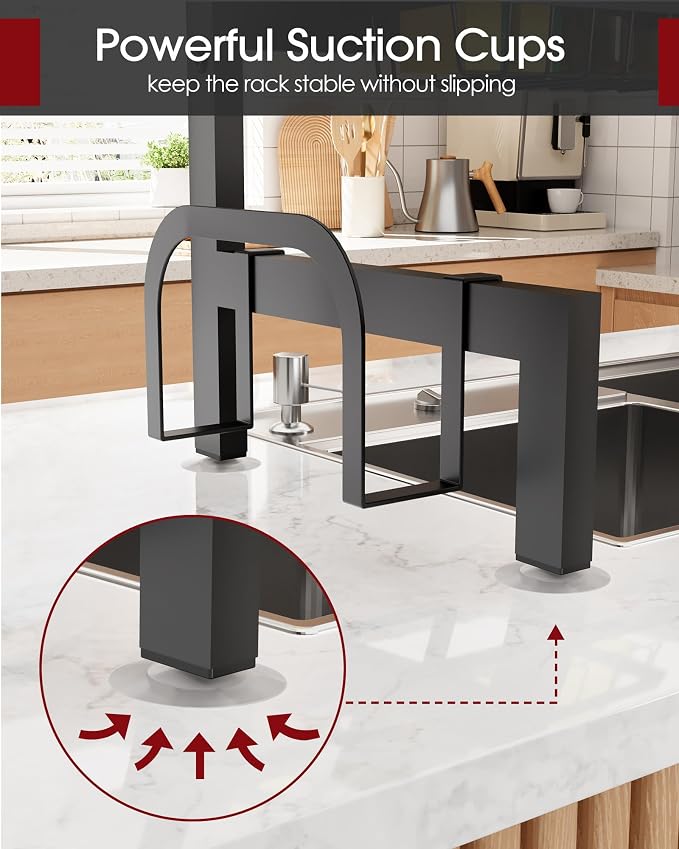 Sakugi 2-Tier Dish Drying Rack Over The Sink, Expandable for Counter | Rustproof Stainless Steel Kitchen Storage Accessories, Space-Saving 30"–34.5"Lx12"Wx25"H, Black