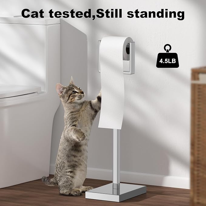 Silver Toilet Paper Holder Stand，Stainless Steel Toilet Paper Holder Free Standing，Stable Weighted Base Floor Tissue Roll Holder for Bathroom，Modern Pivoting Toilet Paper Stand