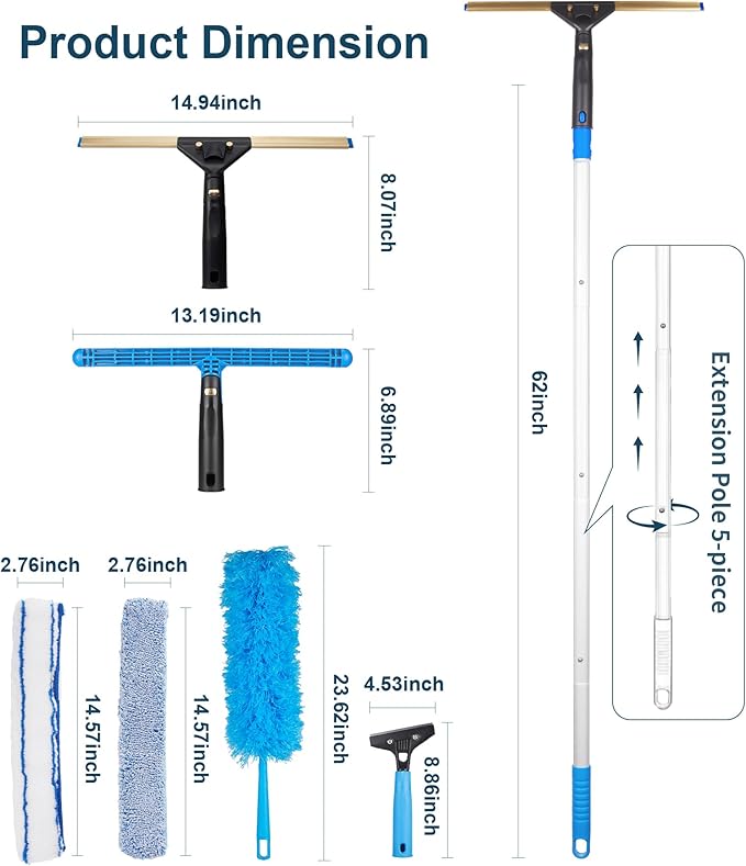 Window Cleaning Kit, Swivel Squeegee & Scrubber with Extension Poles, Foldable Bucket, Blendable Duster, 2 Scrubber Pads & Cleaning Cloth, Glass Scraper Cleaning Tool Kit for Window Glass Mirror Car