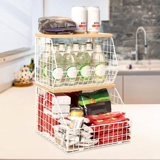 Mefirt White Fruit Bowl, 2-Tier Fruit Basket for Kitchen Counter, Stackable Wall Mounted Veggie Storage, Snack Organizer, Potato and Onion Storage Basket, Hanging Pantry Organizer with Wood Lid, 2 Set