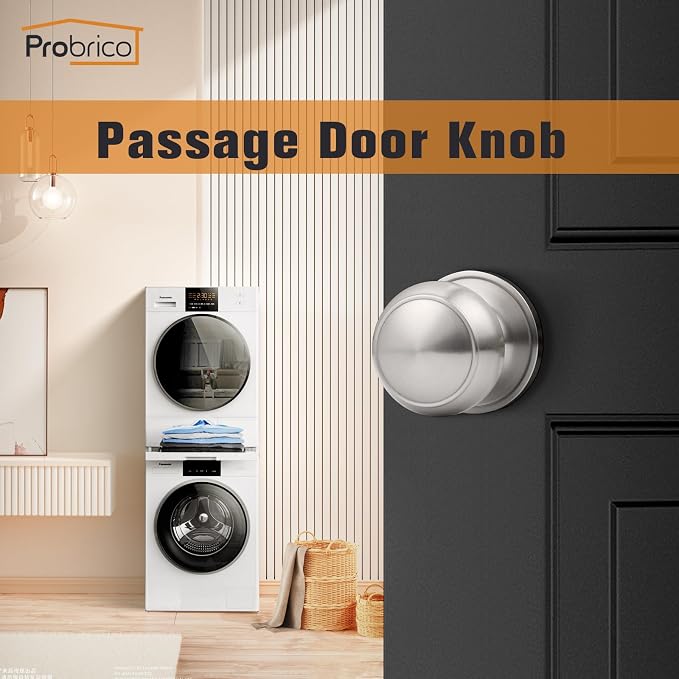 Probrico Brushed Nickel Passage Door Knobs, Flat Ball Interior Handles for Hall and Closet, Keyless Door Handles 3 Pack