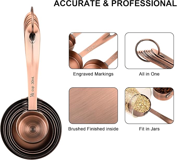 Measuring Cups and Spoons Set, Copper Measuring Cups and Spoons Set for Baking & Kitchen, Stainless Steel Measure Cup and Spoon for Dry &Liquid, Metal 7 Measure Cups&6 Spoons