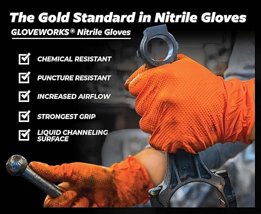 GLOVEWORKS Orange Nitrile Gloves 8 Mil Disposable Heavy Duty Raised Diamond Texture Latex Free, Mechanic, Large, 4 Cases of 1000
