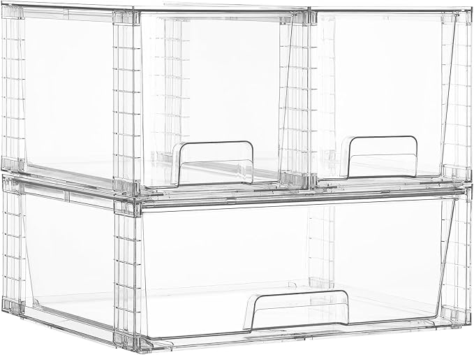 Vtopmart 3 Pack Stackable Storage Drawers, Easily Assemble Clear Plastic Organizer Bins, 1 Wide Drawer and 2 Medium Drawers for Pantry, Kitchen Cabinet, Bathroom, Closet Organization and Storage