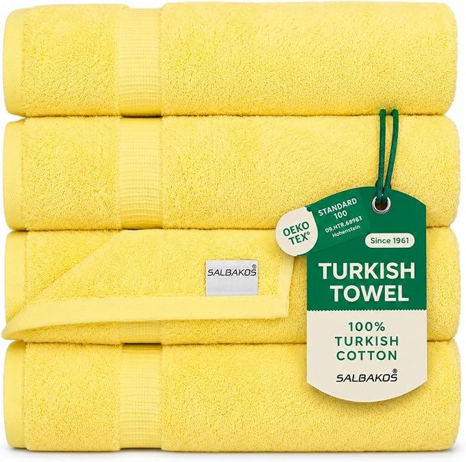SALBAKOS 4-Piece 100% Turkish Cotton Bath Towels, 27x54 inch, Yellow | Standard Size, 630 Gsm Thick Super Soft Highly Absorbent Quick-Dry Bathroom Towel, Premium Hotel & Spa Quality Made in Turkey