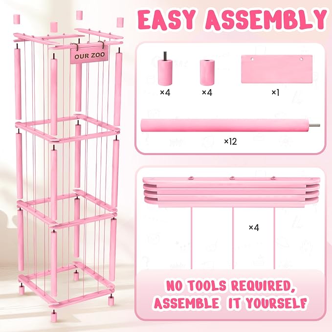 Woodure Stuffed Animal Storage & Organizer, Wooden Cute Zoo Toy Holder for Toddler Rooms, Playrooms & Bedrooms（Pink）