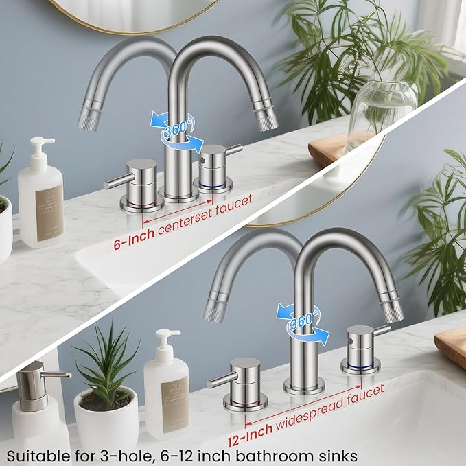 Brushed Nickel Pull Down Bathroom Faucet 3 Hole with Pop Up Drain, Bathroom Sink Faucet with Pull Down Sprayer 2 Modes, 8 inch Widespread Gold Faucet for Bathroom Sink, 2 Handle Vanity Faucet
