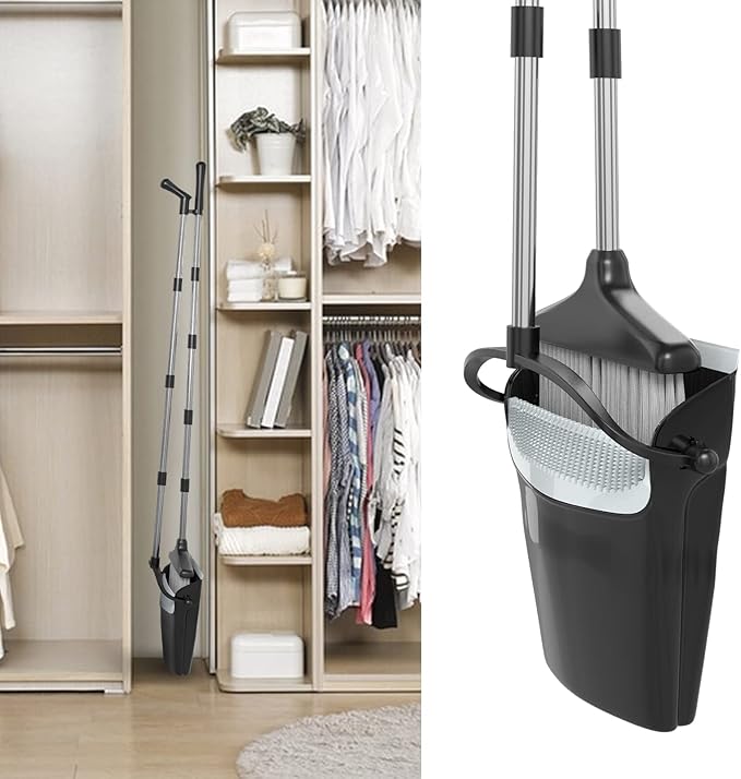 Broom with Dustpan Combo Set 54" Long Handle Angle Broom and Dust Pan for Home Office Cleaning Sweeping (Black and Grey)