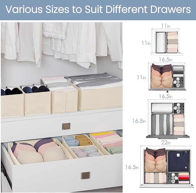 Criusia Drawer Organizer Clothes,16 Pack Underwear Drawer Organizers, Foldable Closet Organizers and Storage Dresser Drawer Dividers Clothing Organizer for Clothes, Socks, Scarves, Bra, Ties (Beige)