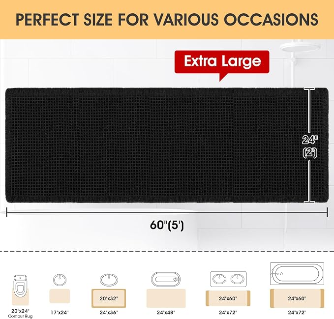 IM HOME Waffle Bath Mat Black 5'x2', Boho Woven Modern Bath Mat Rugs, Absorbent Non Slip Bathroom Rugs, Soft Washable Bath Rugs with Tassels for Bathroom, Bedroom, Kitchen, Shower, Tub