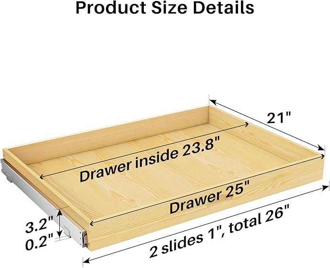 Pull Out Cabinet Organizer, Soft Close Wooden Slide Out Drawers for Pots and Pans, Full-extension Roll Out Shelves for Kitchen Cabinets, Pantry Organization, Bottom & Side Mount(26"W X 21"D x 3.4''H)