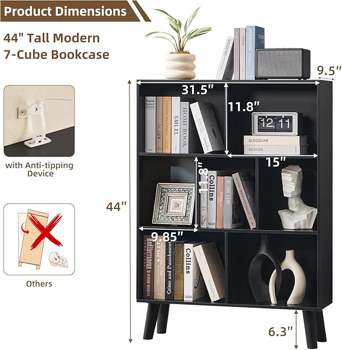 LEYAOYAO Cube Bookshelf, Mid-Century Modern Book Shelf with Legs, Black | 3 Tier Bookcase, Rustic Wood Bookshelves Freestanding Small Storage Organizer, Open Shelves for Bedroom, Living Room, Office
