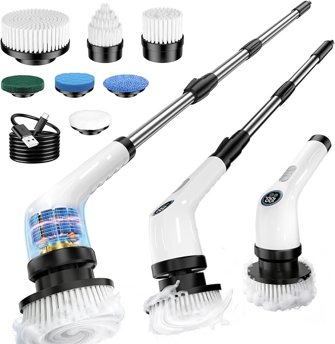 Electric Spin Scrubber Upgraded Battery with Extra-Long Runtime, IPX7 Waterproof Power Cleaner with 7 Brush Heads, 2 Speeds Adjustable Long Handle for Bathroom, Floor, Shower, Tile & Kitchen Cleaning