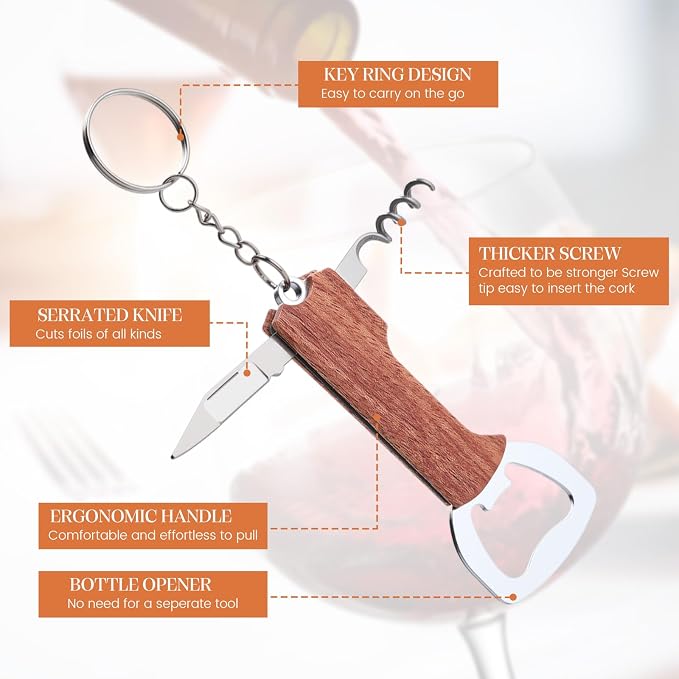 Ziliny 24 Pcs Bottle Opener Keychain Bulk Wine Bottle Beer Opener Keychain 3.27" Stainless Steel Corkscrew Waiter Corkscrew Wine Keyring Gifts for Christmas Bar Party Wedding Home (Redwood Color)