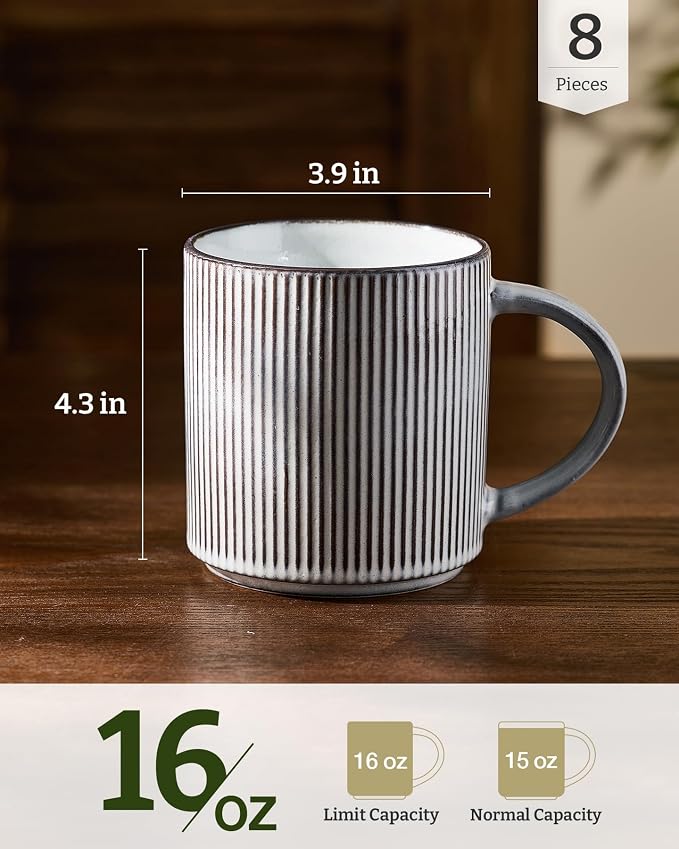famiware Coffee Mug Set for 8, Star 16 oz Catering Mugs Cup Set with Handle for Coffee, Tea, Cocoa, Milk - Ceramic Stoneware Drinkware Set, Smoky Blue