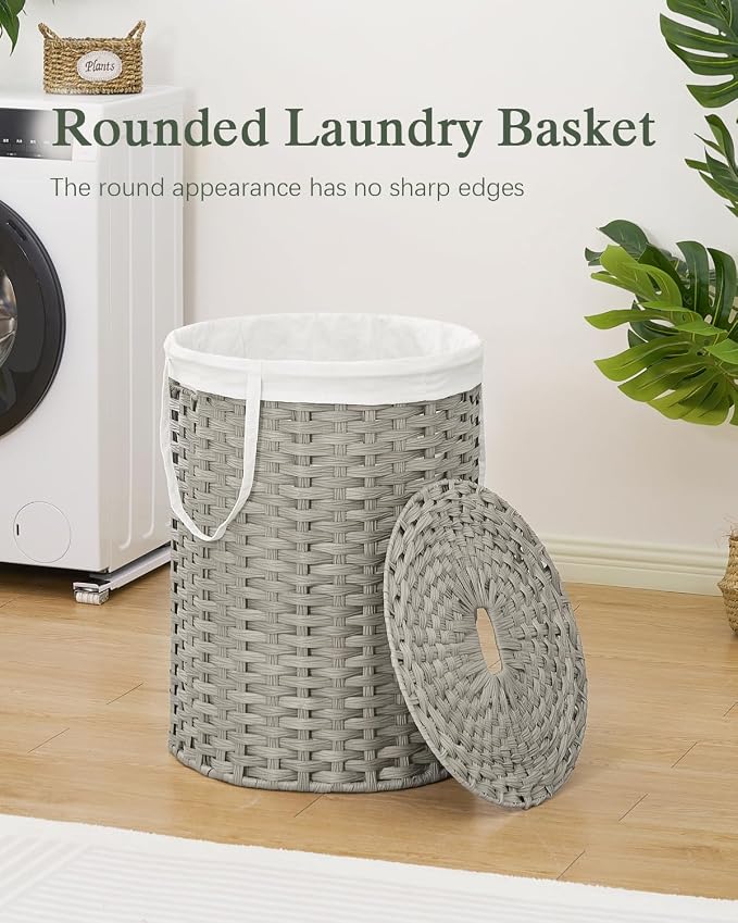 SETVSON Laundry Basket with Lid Round 29.1 Gal (110 L) PE Rattan, Gray | Decorative PE Rattan Furniture Look for Bedroom, Round Laundry Hamper with Lid, Removable Bag, 2 Mesh Bags, Handles
